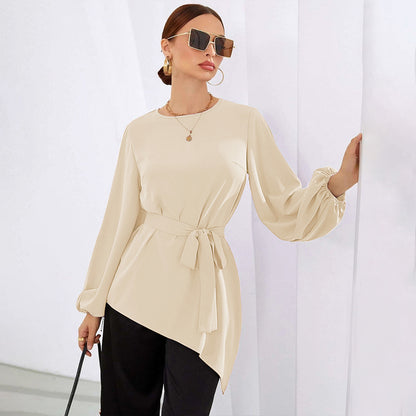 Mid-Length Women's Shirt, Round Neck Puff Sleeve Asymmetrical Hem Blouse with Waist Tucking Design