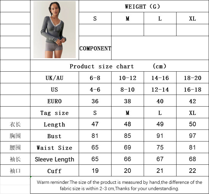 Contrast Lace Trim T-Shirt for Women, V-Neck Sexy Slim Fit Long Sleeve Layering Blouse