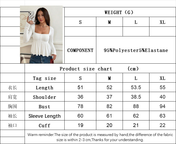 Off-White Square Neck Blouse for Women, Fall Winter Slim Fit Long Sleeve Pullover with Waist Tucking