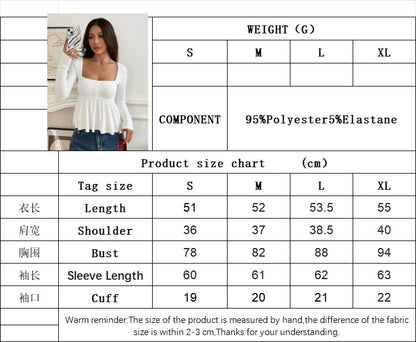 Off-White Square Neck Blouse for Women, Fall Winter Slim Fit Long Sleeve Pullover with Waist Tucking