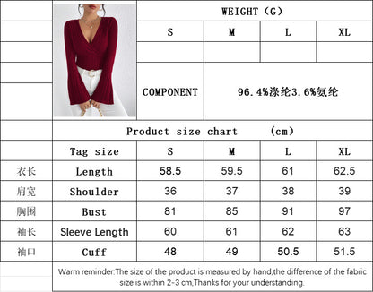 V-Neck Bell Sleeve Long Sleeve Pullover Slim Fit Bodysuit Top