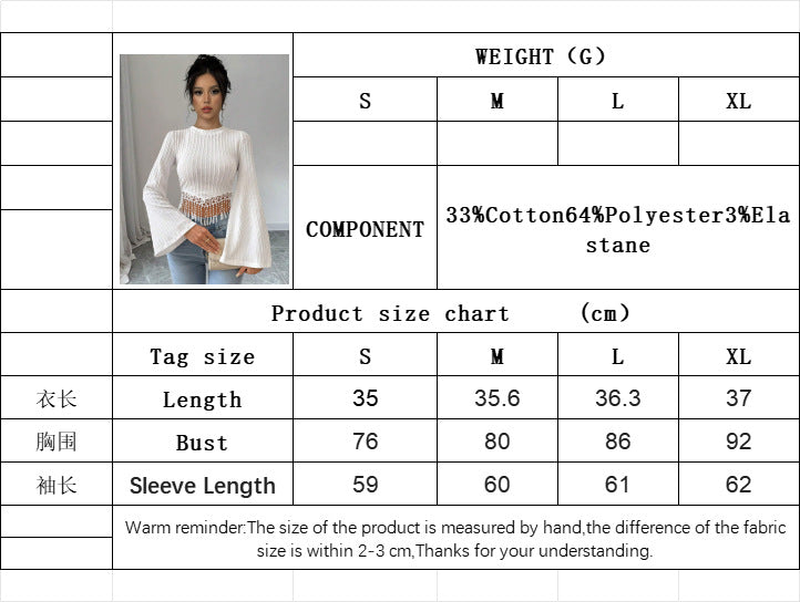 Fringe Hem Bell Sleeve Top for Women, Round Neck Cropped T-Shirt Fall Winter Elegant Boho Blouse