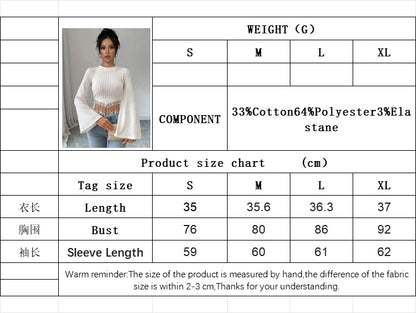 Fringe Hem Bell Sleeve Top for Women, Round Neck Cropped T-Shirt Fall Winter Elegant Boho Blouse