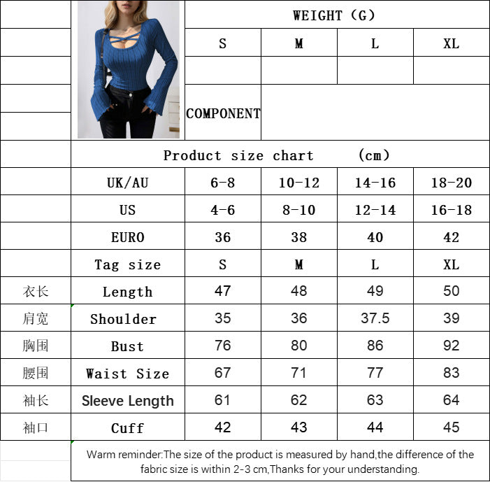 U-Neck With Cross Knit Top for Women, Sexy Long Sleeve Bell Sleeve Slim Fit Elegant Top