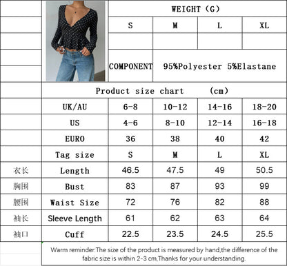 V-Neck Polka Dot Top for Women, Retro Waist Tucking Long Sleeve T-Shirt Slim Fit Sexy Chic Blouse