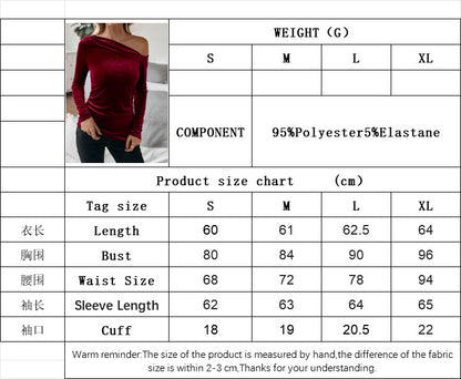 Off Shoulder Velvet Blouse for Women, Slash Neck Slim Fit Solid Color Long Sleeve Party Top