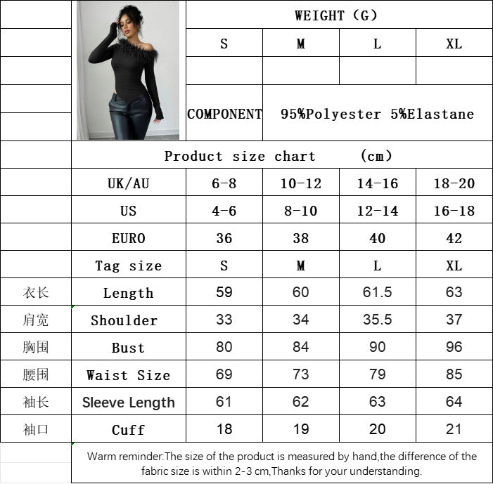 Feather Detail Asymmetric Top for Women, One Shoulder Slash Neck Slim Fit Long Sleeve Fall Winter Blouse