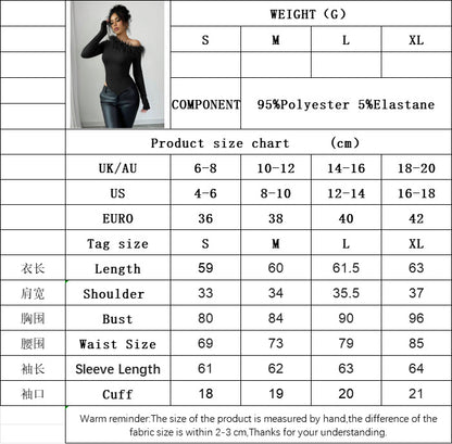 Feather Detail Asymmetric Top for Women, One Shoulder Slash Neck Slim Fit Long Sleeve Fall Winter Blouse