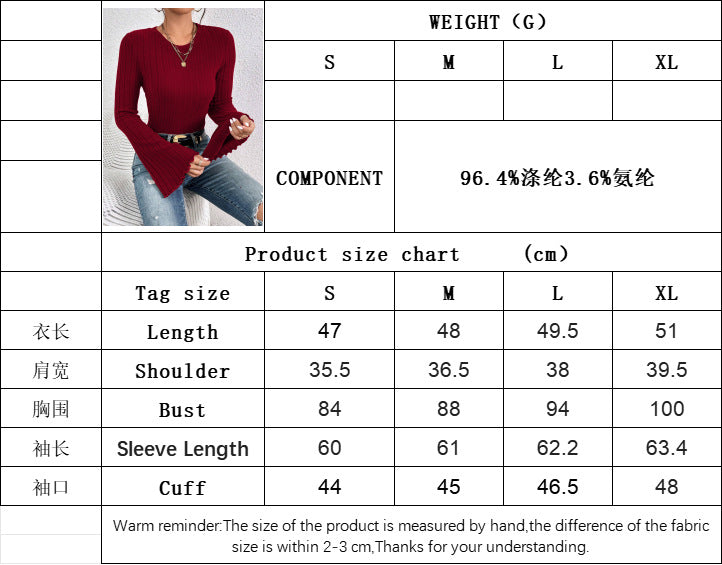 Burgundy Ribbed Knit Top for Women, Round Neck Long Sleeve Bell Sleeve Slim Fit T-Shirt Office Blouse