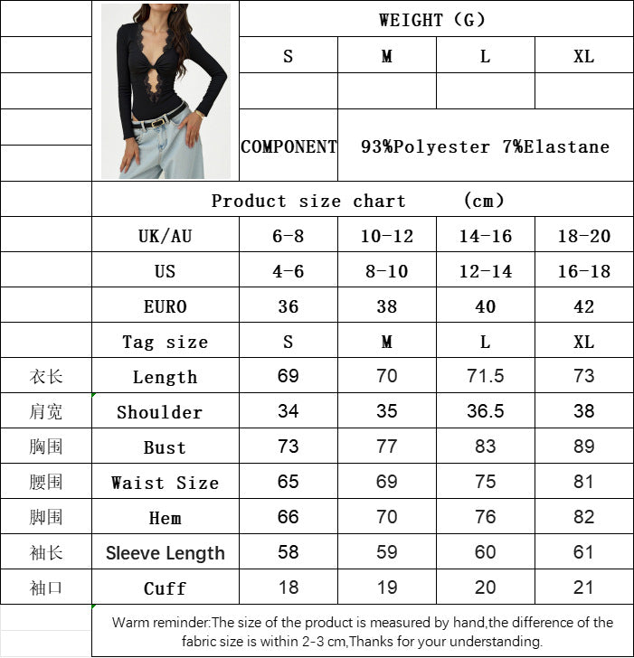 Black V-Neck Lace Trim Bodysuit for Women, Long Sleeve Cut Out Detail Slim Fit Chic Layering Top