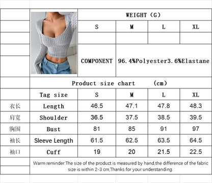 Wide-Ribbed U-Neck Crop Top for Women, Brushed Long Sleeve Midriff T-Shirt
