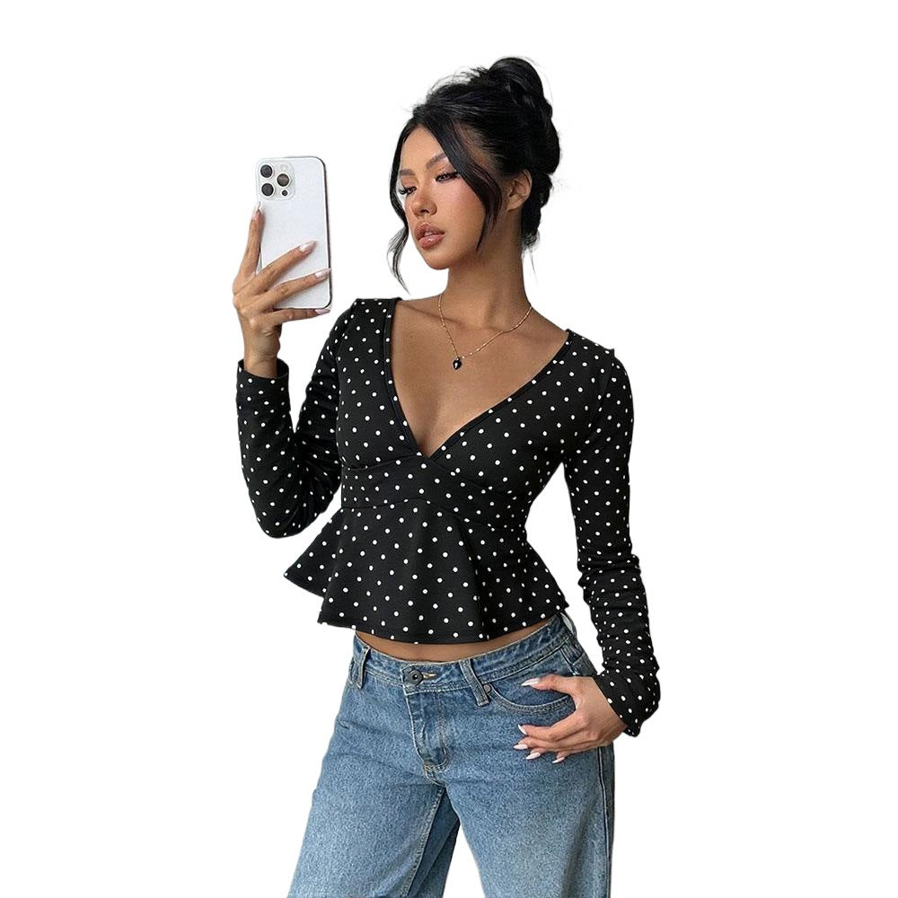 V-Neck Polka Dot Top for Women, Retro Waist Tucking Long Sleeve T-Shirt Slim Fit Sexy Chic Blouse