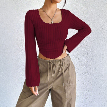 Wide Rib Square Neck Blouse for Women, Bell Sleeve Cropped Top with Asymmetric Hem Elegant Casual T-Shirt
