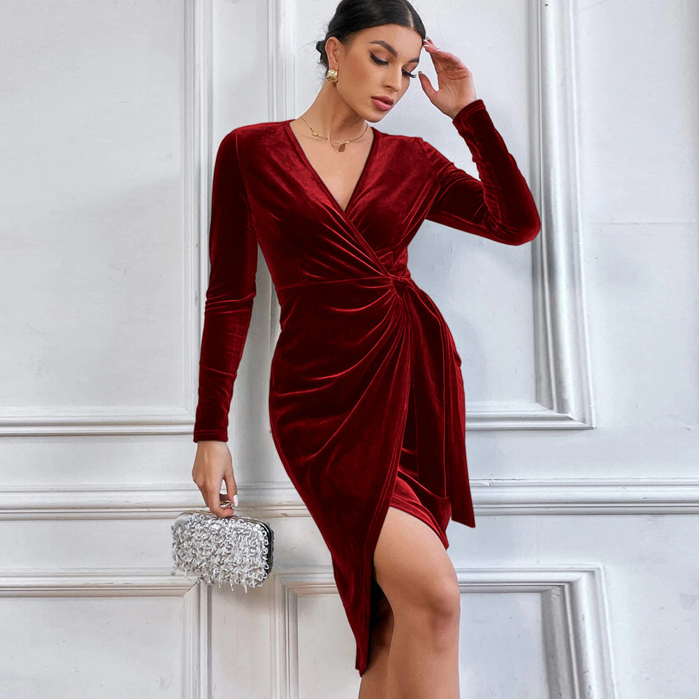 V-Neck Bodycon Midi Dress for Women, Asymmetric Hem Long Sleeve Cocktail Party Gown