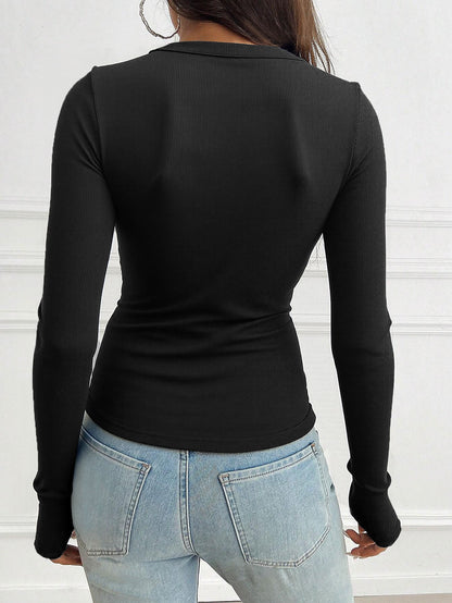 Black French Knit Top with Contrast Lace Insert, V-Neck T Shirt Slim Fit Sexy Long Sleeve Blouse