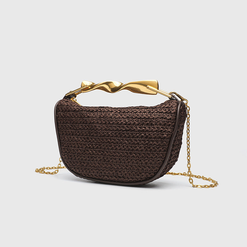 Dumpling Shape Woven Bag - Mini Straw Purse with Zipper Closure, Detachable Shoulder Strap and Metal Handle for Women