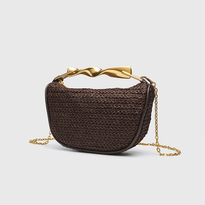 Dumpling Shape Woven Bag - Mini Straw Purse with Zipper Closure, Detachable Shoulder Strap and Metal Handle for Women