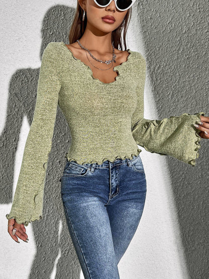 Baby Hem Stitching Edge Bell Sleeve Top for Women, Asymmetric Neck Cropped T-Shirt Fall Winter Elegant Blouse