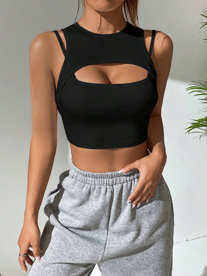 Black Round Neck Tank Top for Women, Streetwear Sleeveless Slim Fit T-Shirt Summer Top