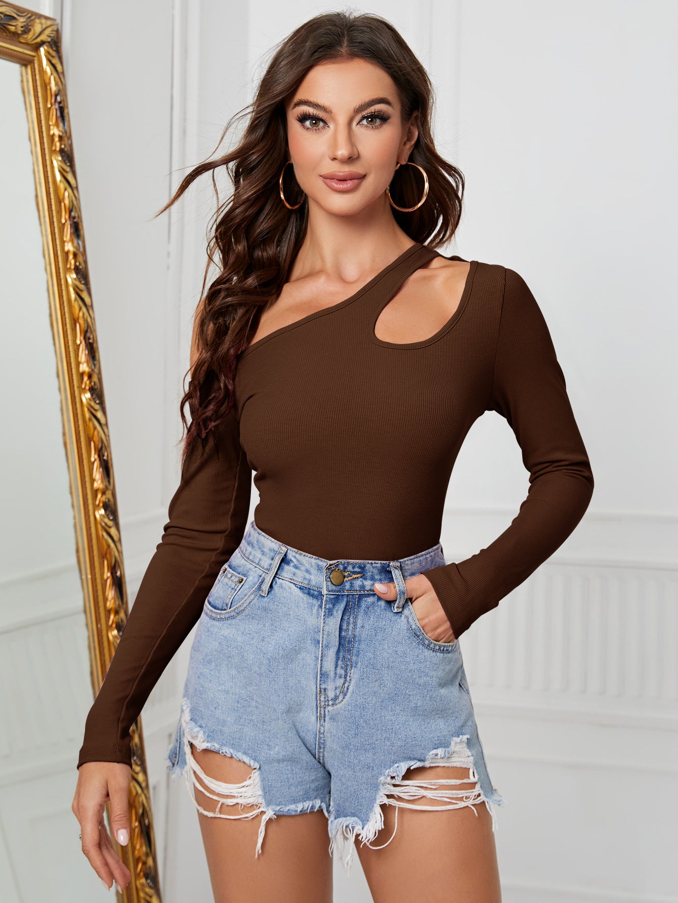 Asymmetric Off Shoulder Knit Top for Women, Slim Fit Long Sleeve T-Shirt Elegant Layering Blouse