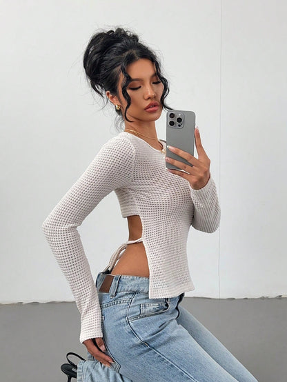 Cut-Out Back Tie Waist Top for Women, Round Neck Slim Fit T Shirt Long Sleeve Blouse