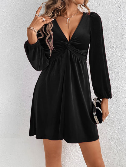 Deep V-Neck Velvet Mini Dress for Women, Sexy A-Line Party Dress with Waist Tucking Long Sleeve