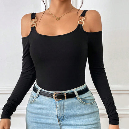 Hook Strap Knit Top for Women, Long Sleeve Slim Fit Solid Color Chic T Shirt