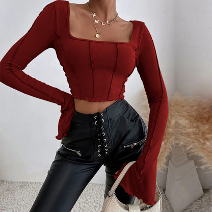 Square Neck Ribbed Knit Top for Women, Spring Summer Slim Fit Long Sleeve Cropped Pullover