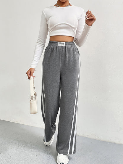 Fall Winter High Waist Sweatpants for Women, Loose Fit Straight Leg Elastic Joggers with Contrast Panel Wide Leg Pants