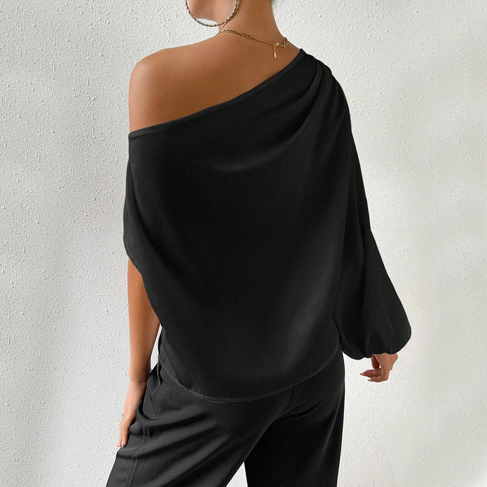 Off Shoulder Slash Neck Pullover Top, Asymmetric Long Short Sleeve Loose Fit Sexy Blouse