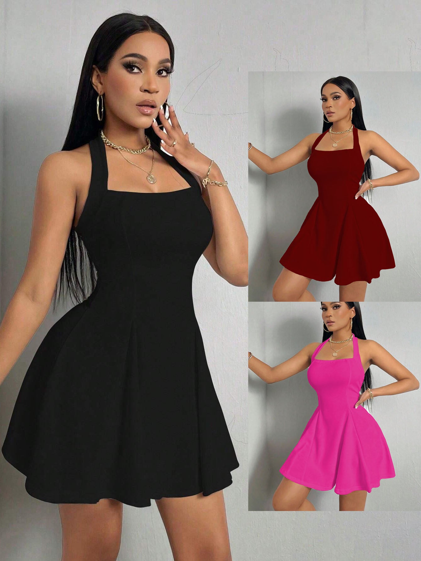 Halter Neck Backless Dress for Women, Sexy Sleeveless A-Line Swing Mini Skirt with Waist Tucking