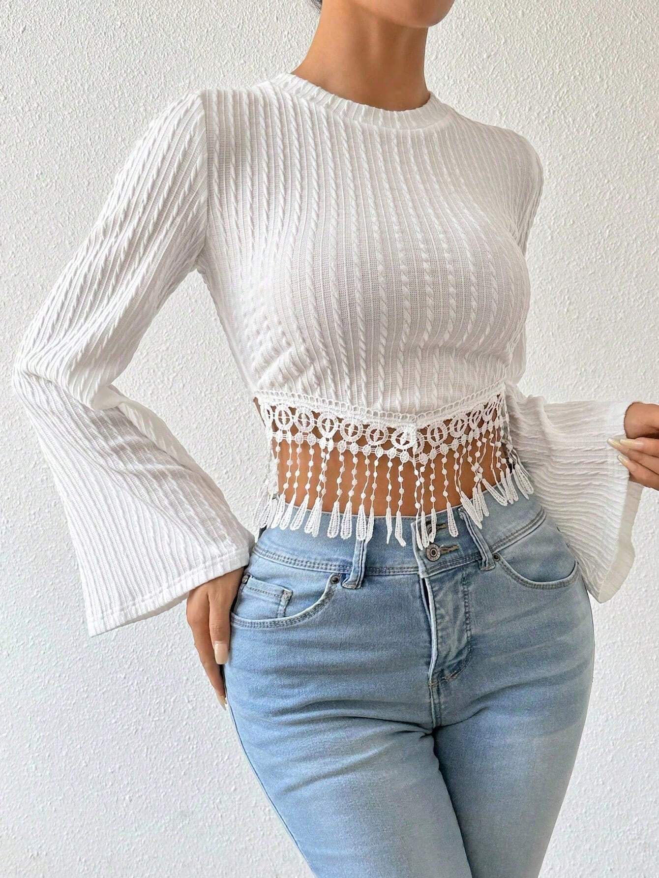 Fringe Hem Bell Sleeve Top for Women, Round Neck Cropped T-Shirt Fall Winter Elegant Boho Blouse