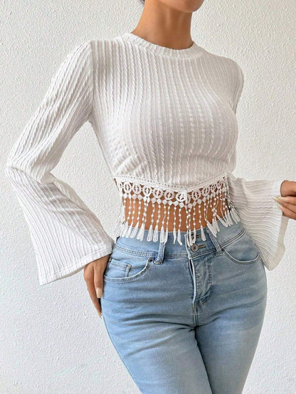 Fringe Hem Bell Sleeve Top for Women, Round Neck Cropped T-Shirt Fall Winter Elegant Boho Blouse