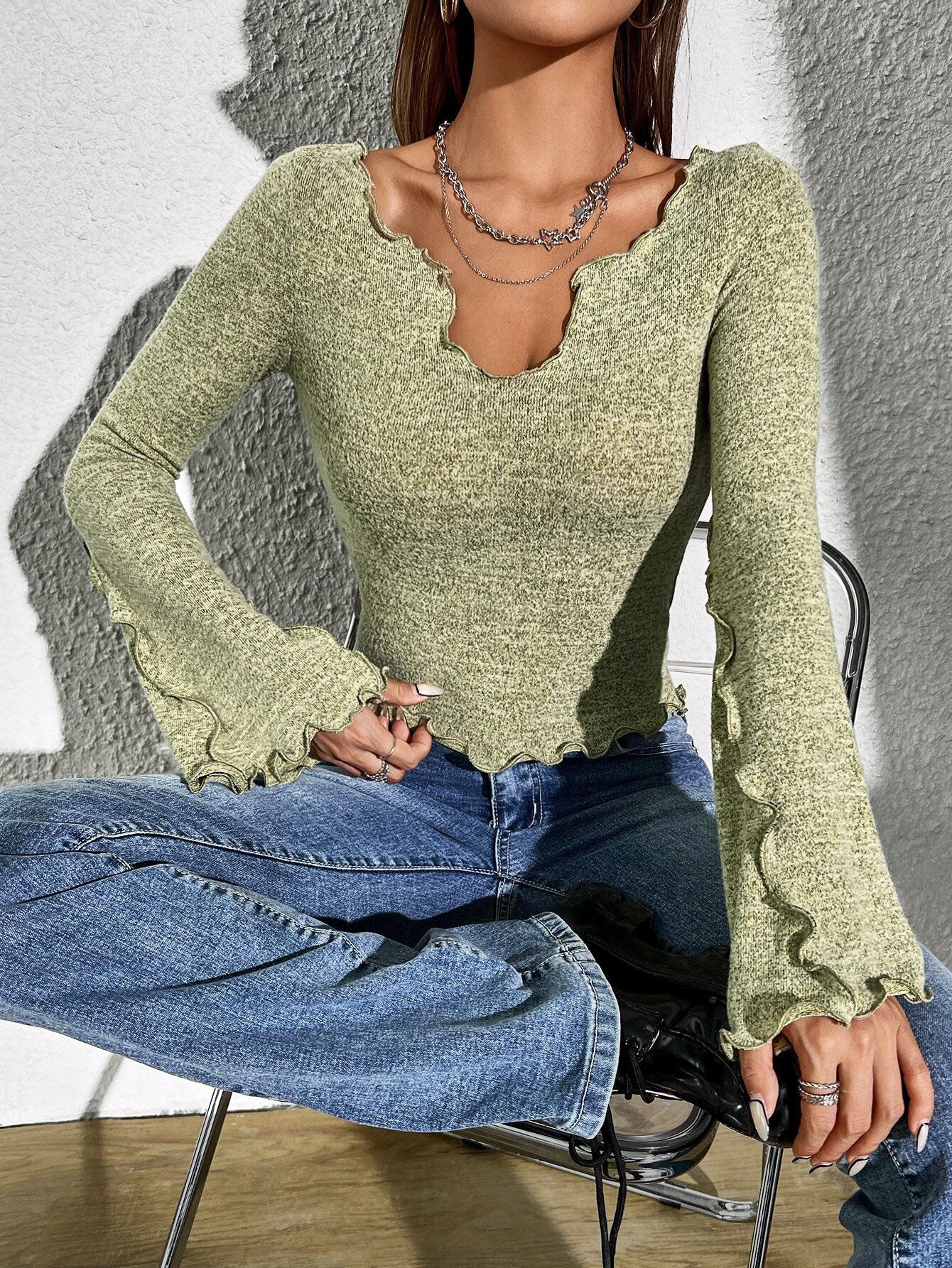 Baby Hem Stitching Edge Bell Sleeve Top for Women, Asymmetric Neck Cropped T-Shirt Fall Winter Elegant Blouse