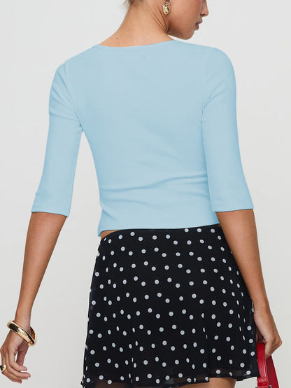 Cropped Knit Top for Women, 3/4 Sleeve Round Neck T Shirt Sweet Solid Color Midriff Blouse
