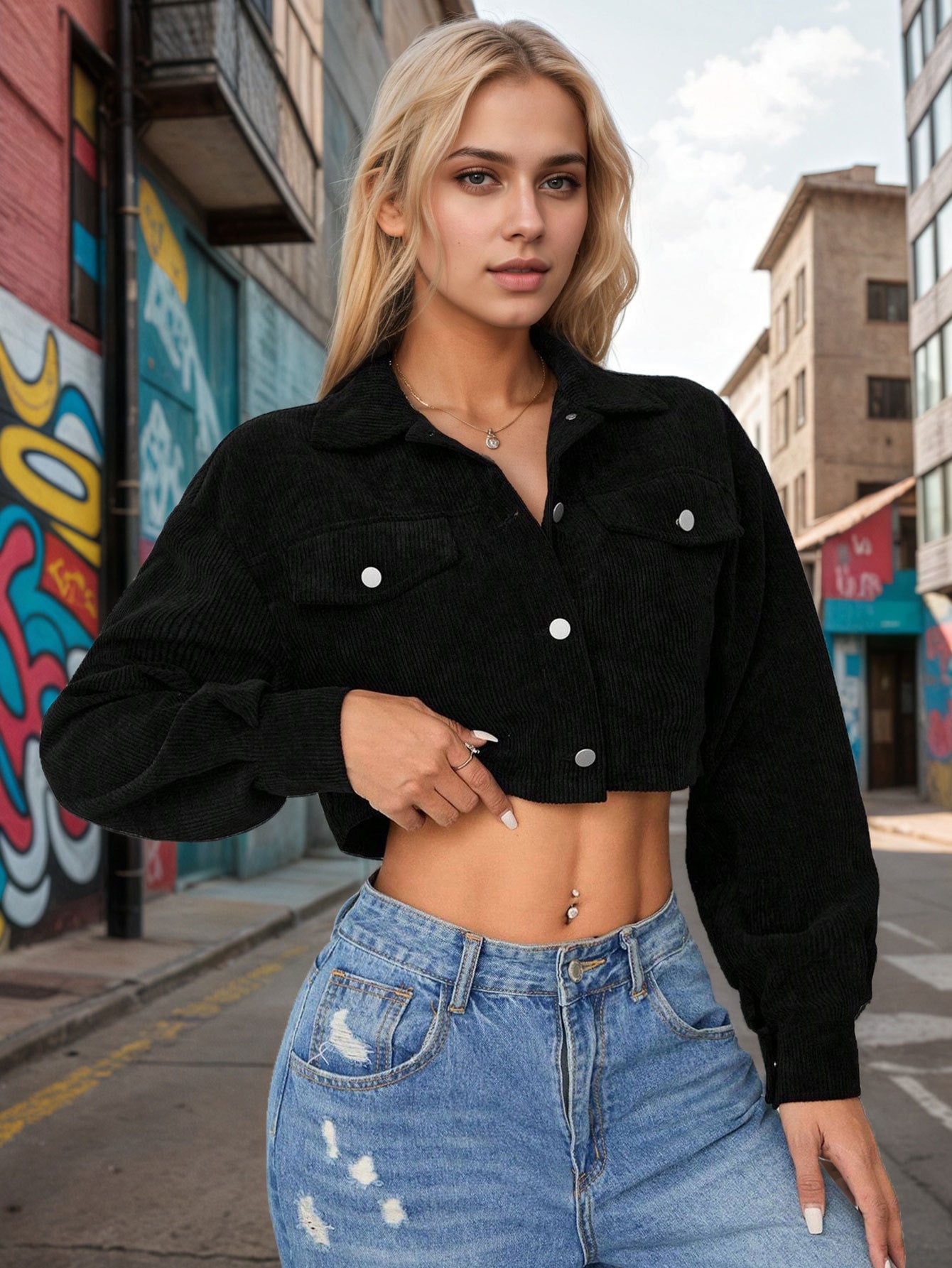 Notched Lapel Cropped Jacket, Streetwear Button-Up Short Top Fall Winter Fashion Outerwear