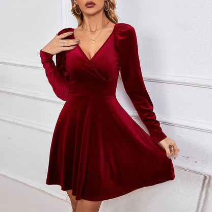 V-Neck Velvet Mini Dress for Women, Sexy A-Line Gown with Waist Tucking Long Sleeve Evening Dress