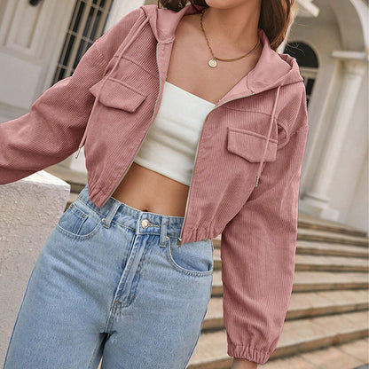 Cordoroys Crop Hooded Jacket for Women, Fall Winter Loose Casual Short Zip-Up Outerwear