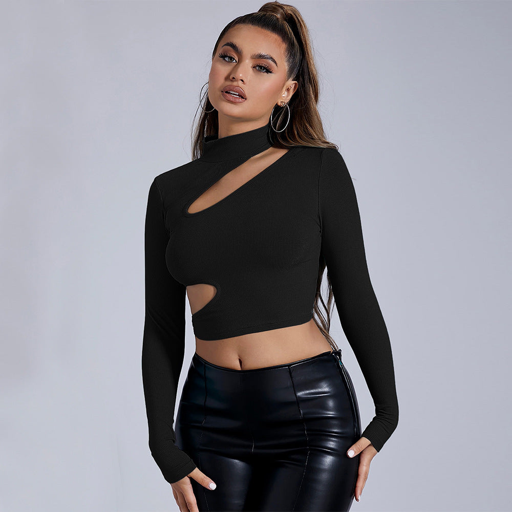 Black Mock Neck Bodycon Top for Women, Sexy Long Sleeve Cropped T-Shirt with Cut Out Detail