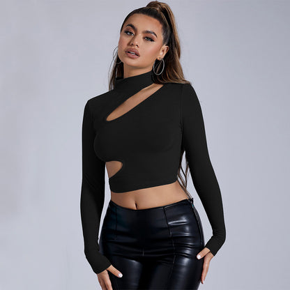Black Mock Neck Bodycon Top for Women, Sexy Long Sleeve Cropped T-Shirt with Cut Out Detail