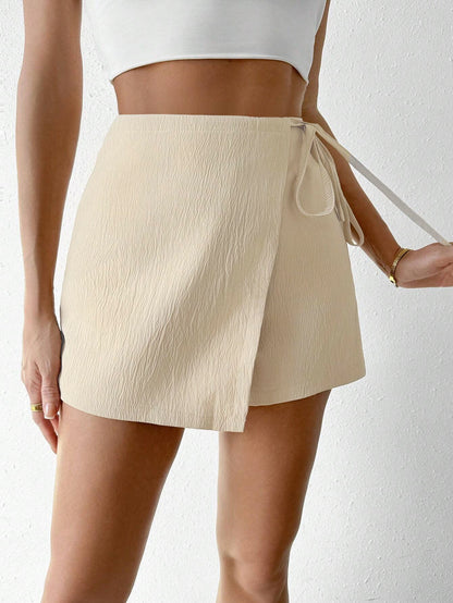 Woven High Waist Skort with Front Overlap, Side Tie Waistband & Back Zipper Closure