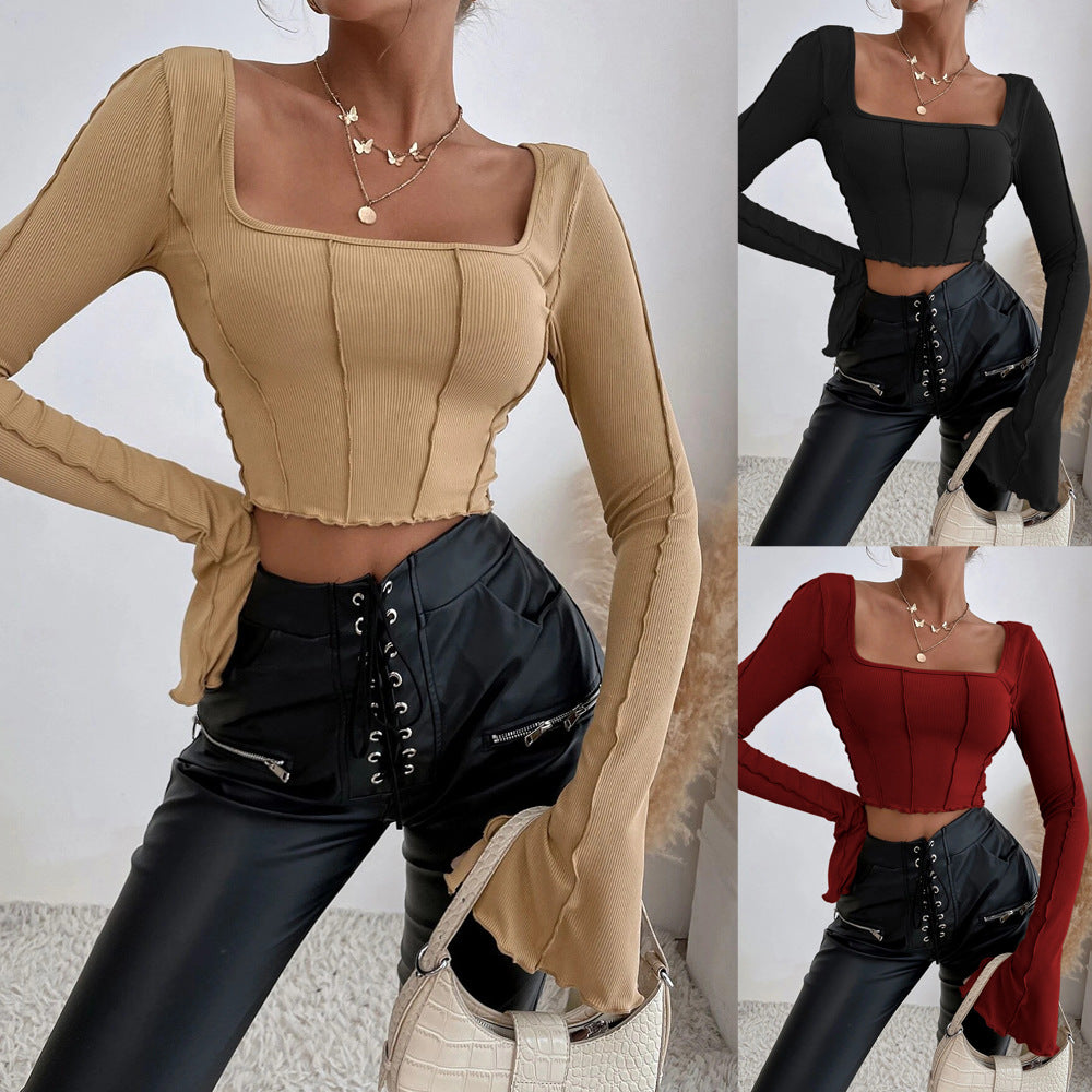Square Neck Ribbed Knit Top for Women, Spring Summer Slim Fit Long Sleeve Cropped Pullover