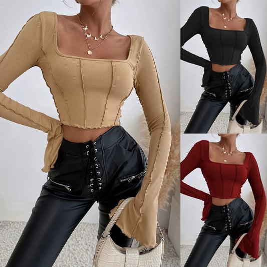 Square Neck Ribbed Knit Top for Women, Spring Summer Slim Fit Long Sleeve Cropped Pullover