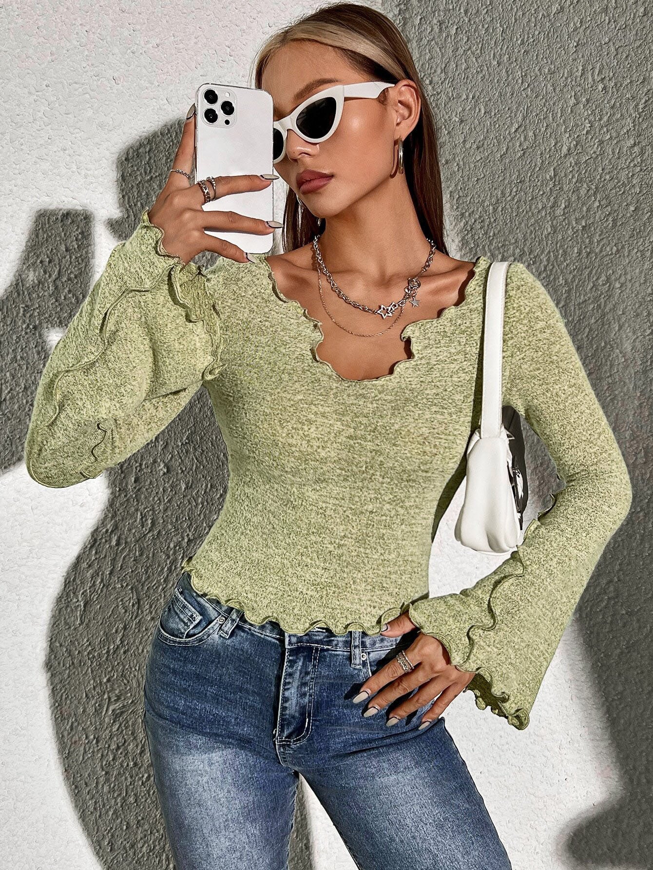Baby Hem Stitching Edge Bell Sleeve Top for Women, Asymmetric Neck Cropped T-Shirt Fall Winter Elegant Blouse