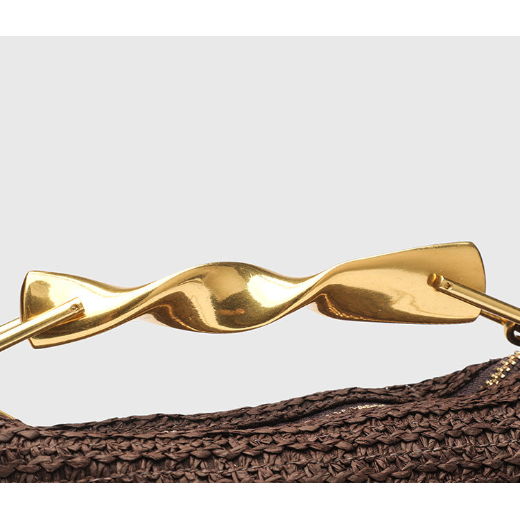 Dumpling Shape Woven Bag - Mini Straw Purse with Zipper Closure, Detachable Shoulder Strap and Metal Handle for Women