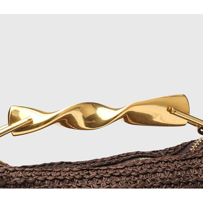 Dumpling Shape Woven Bag - Mini Straw Purse with Zipper Closure, Detachable Shoulder Strap and Metal Handle for Women