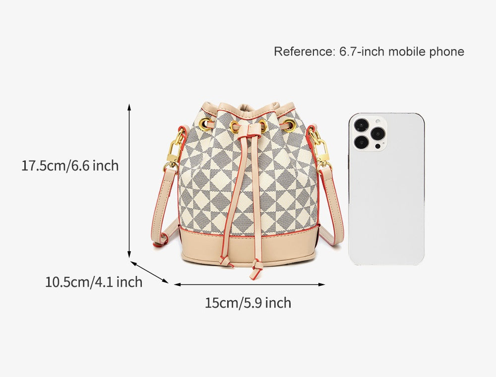 Drawstring Bucket Bag for Women - Adjustable PVC Crossbody Purse, Small Printed Shoulder Bag with Detachable Strap