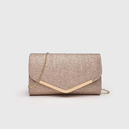 Vintage Clutch Bag with Metal V Charm - Magnetic Closure Evening Purse, Minimalist Chain Strap Party Bag in Structured PU