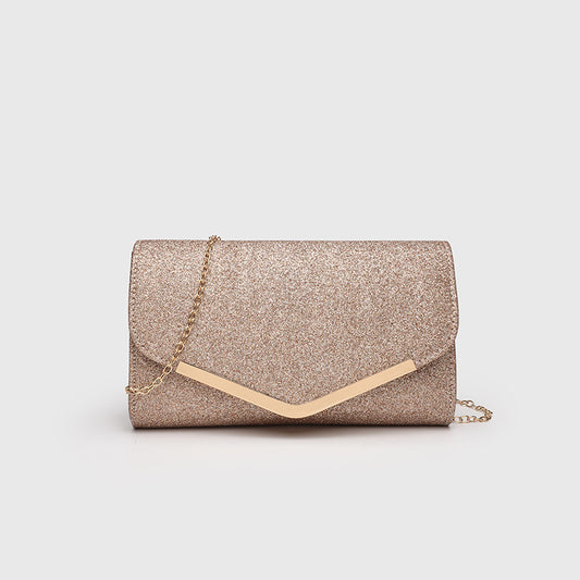 Vintage Clutch Bag with Metal V Charm - Magnetic Closure Evening Purse, Minimalist Chain Strap Party Bag in Structured PU