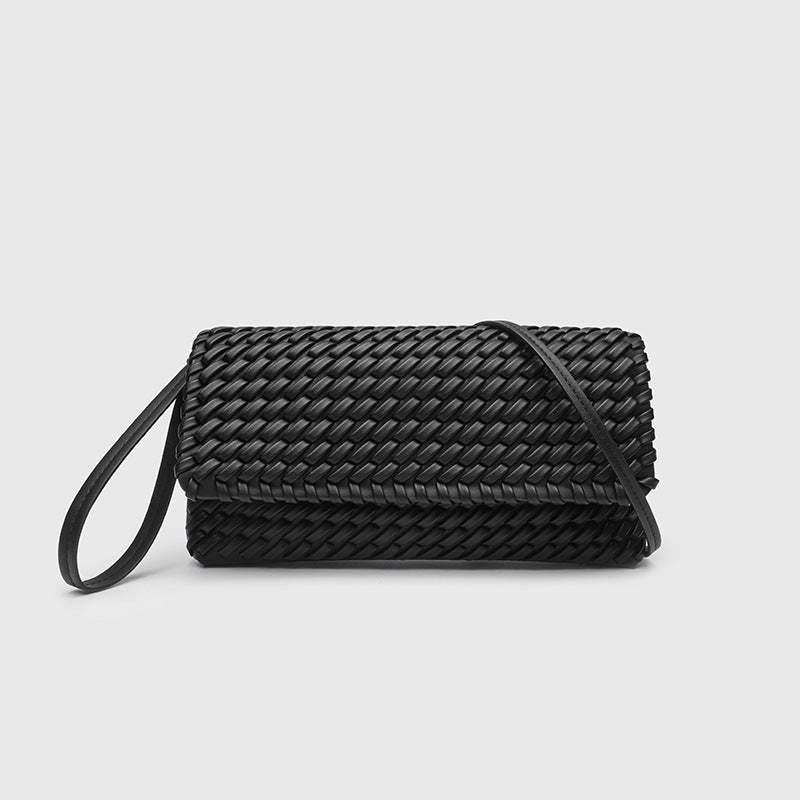 Retro Woven Shoulder Bag - Magnetic Closure Flap PU Purse, Square Horizontal Ladies Handbag with Strap